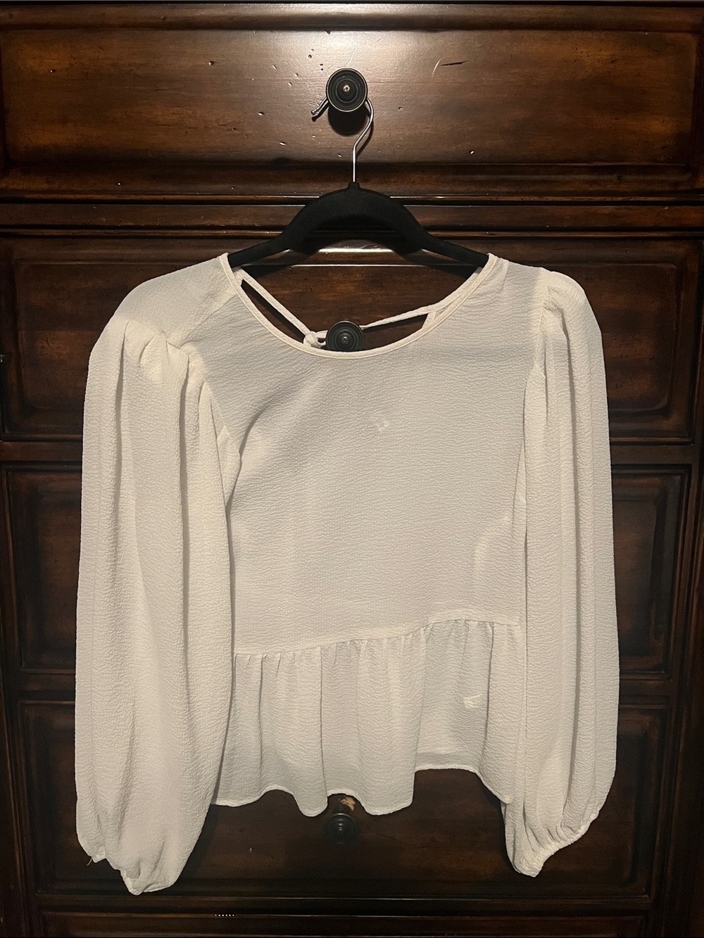 Express White Textured Peplum Blouse with Balloon Sleeves
